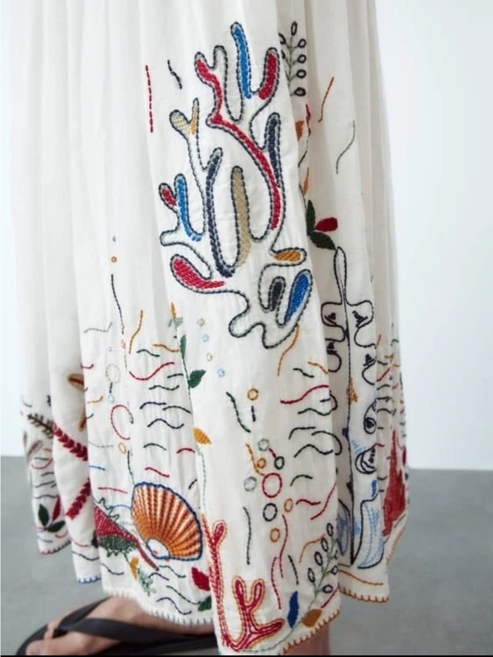 ZARA Mid-Waist Smocked Sea Motif Embroidered Long Skirt Size Large - Picture 6 of 11